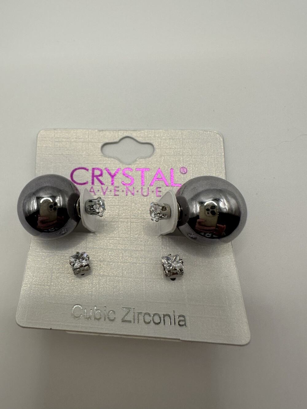 NWT Crystal Avenue Gun Metal Ball Earrings With Clear CZ Studs